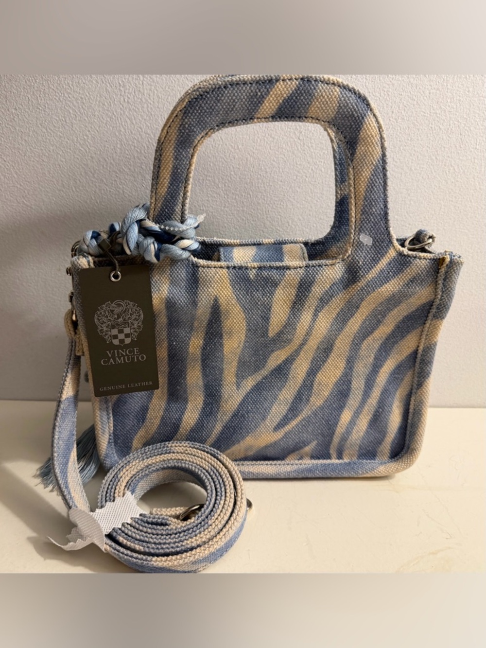 Vince Camuto small tote in blue and white zebra print.  NWT